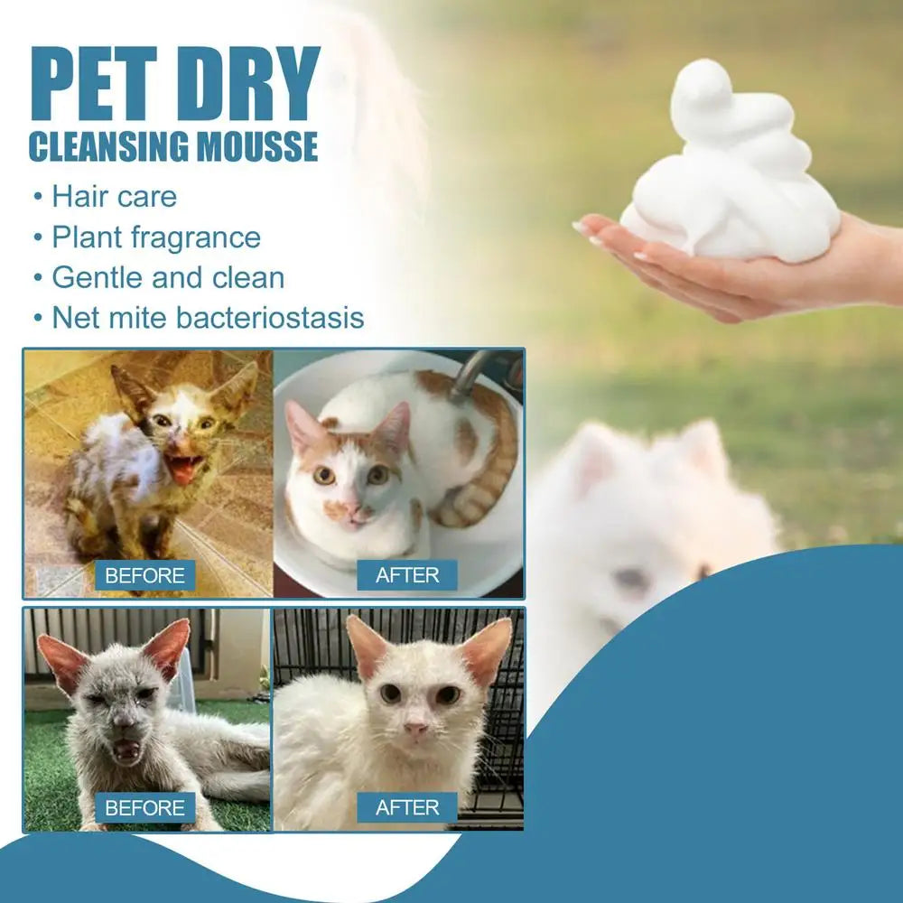 Shampoo para gatos sem água, sem enxágue, mousse de limpeza para cães e gatos, suprimentos para limpeza segura e sem banheiro, eliminador de odores