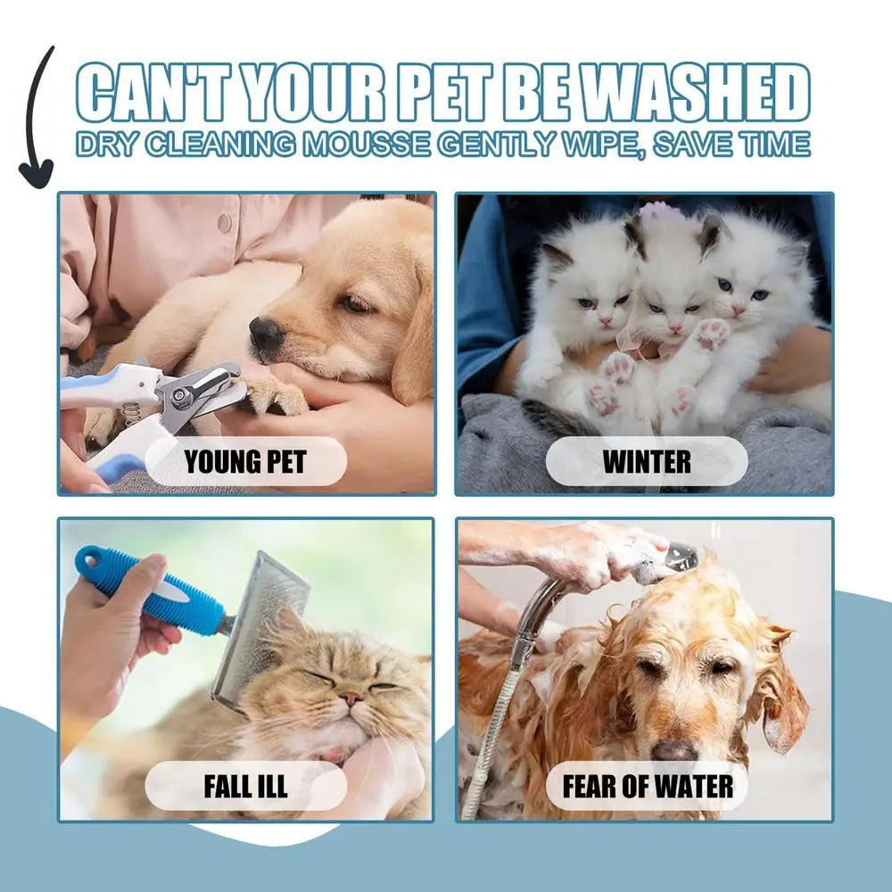 Shampoo para gatos sem água, sem enxágue, mousse de limpeza para cães e gatos, suprimentos para limpeza segura e sem banheiro, eliminador de odores