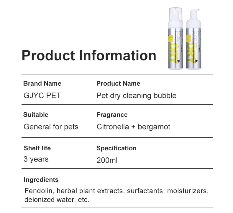 Espuma de Limpeza a Seco para Pet, Gel de Banho, Suprimentos para Cachorro, Gato, Cachorro, Shampoo Supp, Desodorante, Perfume, Esterilização, 200ml