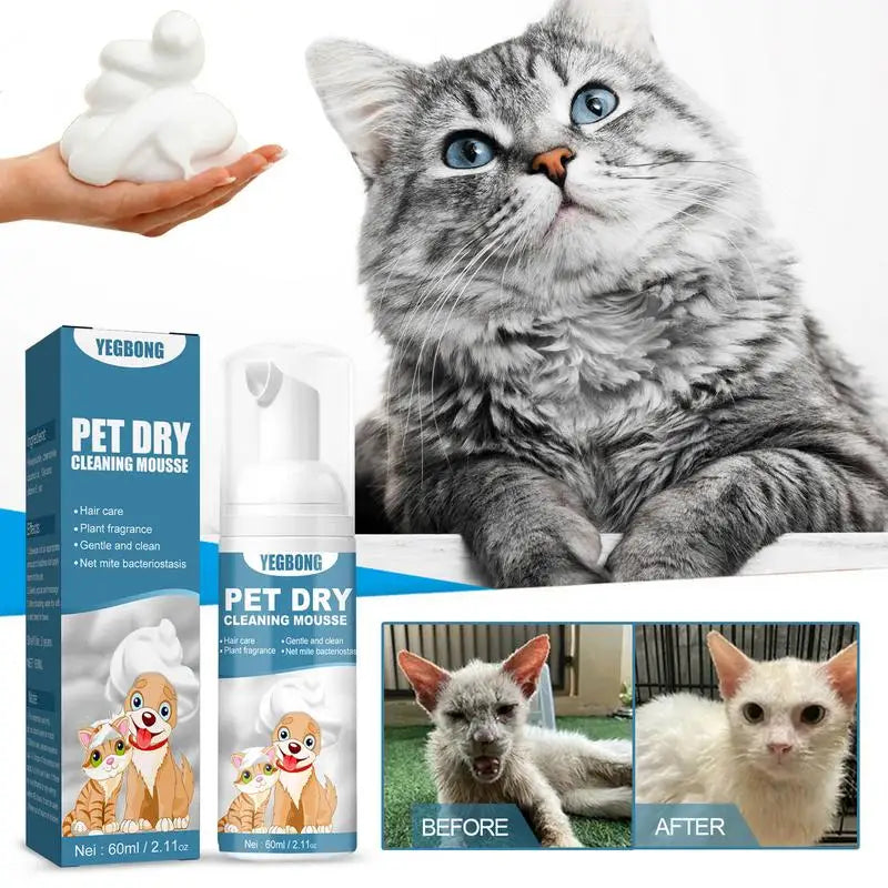 Shampoo para gatos sem água, sem enxágue, mousse de limpeza para cães e gatos, suprimentos para limpeza segura e sem banheiro, eliminador de odores