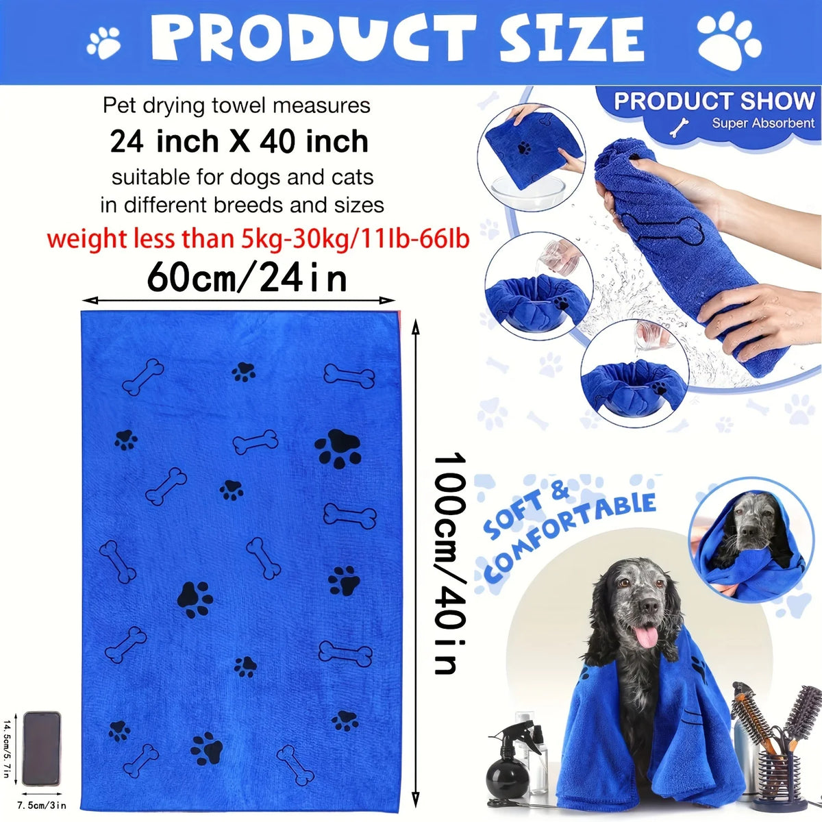 De secagem rápida Microfiber Dog Toalha, Absorvente Pet Bath Produto, fibra, carro limpando pano, Pet fornecimentos, 1Pc